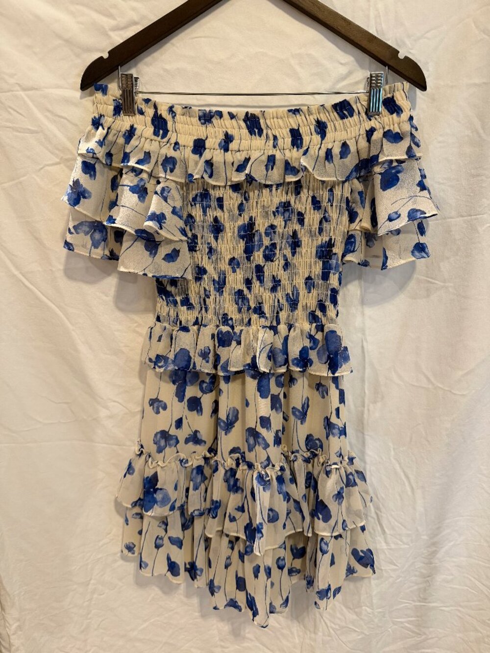 MISA Los Angeles Blue & White Floral Off-the-Shoulder Ruffle Mini Dress